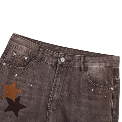 Streetwear Patchwork Denim Pants featuring bold star-shaped patches on breathable denim.