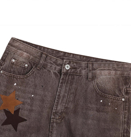 Streetwear Patchwork Denim Pants featuring bold star-shaped patches on breathable denim.