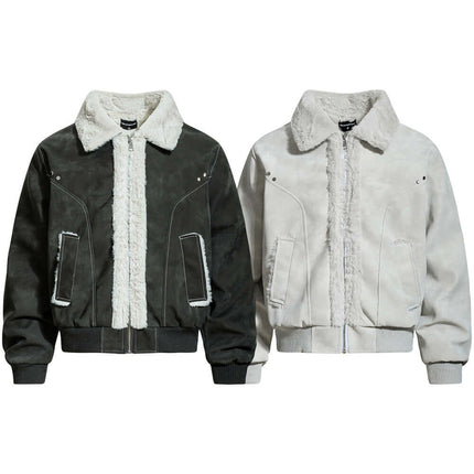 Street Style Cotton Jacket – Loose Fit in black and gray with faux fur collar and zip-up design.