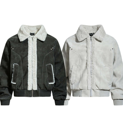 Street Style Cotton Jacket – Loose Fit in black and gray with faux fur collar and zip-up design.