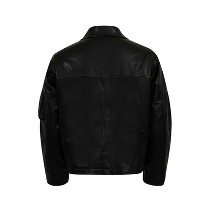 Back view of the Patchwork Cotton Jacket – Loose Fit showcasing its stylish PU leather patchwork design.