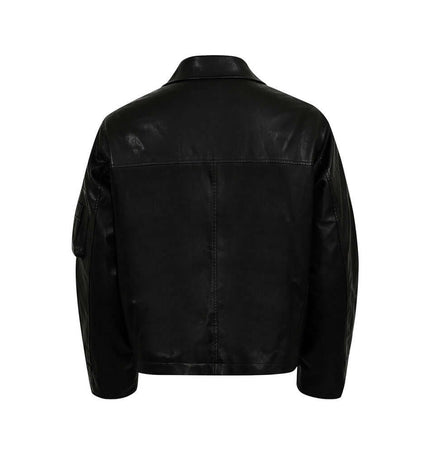 Back view of the Patchwork Cotton Jacket – Loose Fit showcasing its stylish PU leather patchwork design.