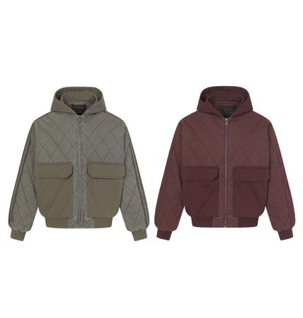 Casual Distressed Zipper Hoodie – Loose Fit in olive green and burgundy color options with quilted design and pockets.