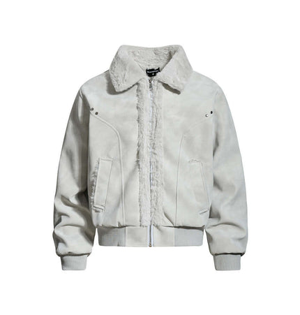 Street Style Cotton Jacket – Loose Fit featuring a soft polyester fiber design with PU leather paneling and a turn-down collar.