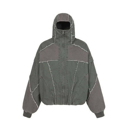 Patchwork Distressed Hooded Jacket in a relaxed fit with raw edge detailing and color-blocked design.