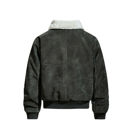 Street Style Cotton Jacket – Loose Fit back view showing PU leather paneling and turn-down collar.