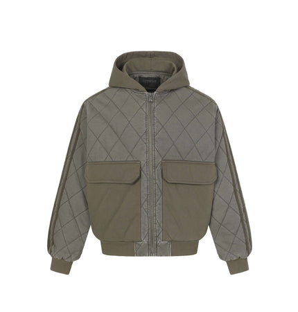 Casual Distressed Zipper Hoodie – Loose Fit in olive green with quilted design and front pockets.