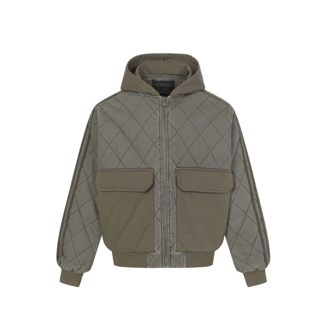 Casual Distressed Zipper Hoodie – Loose Fit in olive green with quilted design and front pockets.