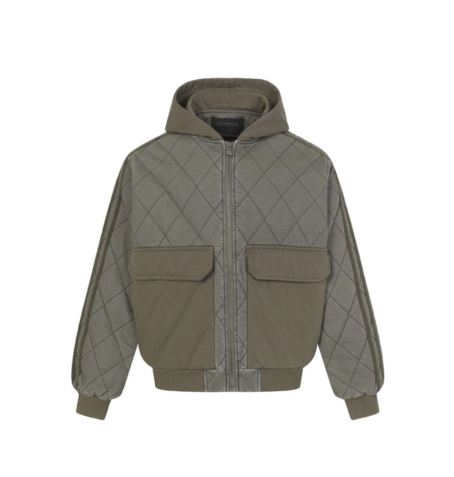 Casual Distressed Zipper Hoodie – Loose Fit in olive green with quilted design and front pockets.