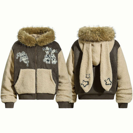 Patchwork Fleece Rabbit Ear Jacket - Loose Fit with rabbit ear hood and cozy fleece texture.