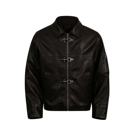 Patchwork Cotton Jacket – Loose Fit in black leather with turn-down collar and stylish closures.