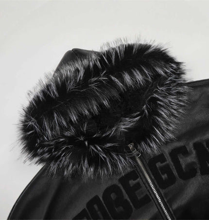 Hooded Fur Collar Jacket – Loose Fit showcasing black fur collar and cotton fabric.