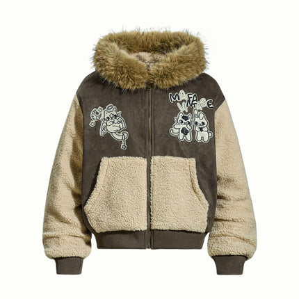 Patchwork Fleece Rabbit Ear Jacket - Loose Fit with faux fur hood and playful cartoon designs