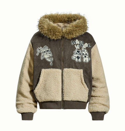 Patchwork Fleece Rabbit Ear Jacket - Loose Fit with faux fur hood and playful cartoon designs