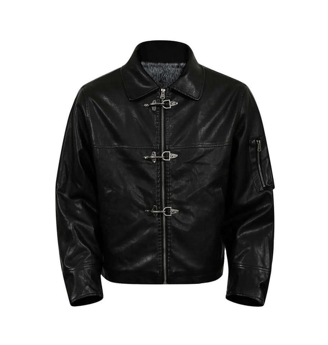 Patchwork Cotton Jacket – Loose Fit, black leather casual coat with turn-down collar and stylish closure details.