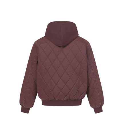 Casual Distressed Zipper Hoodie – Loose Fit in quilted maroon, showcasing the back view.