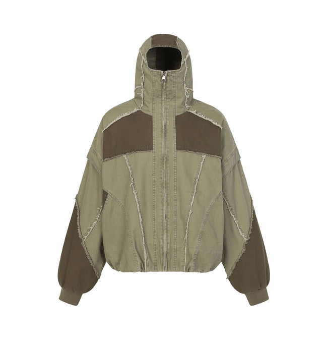Patchwork Distressed Hooded Jacket featuring a relaxed fit, raw edge details, and color-block design in earthy tones.