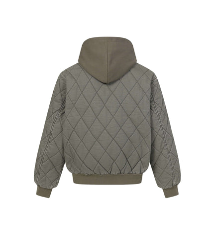 Casual Distressed Zipper Hoodie – Loose Fit shown from the back, featuring a diamond quilted design and hood.