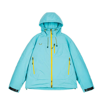 Thick Warm Waterproof Down Jacket in bright blue with yellow zippers and hood, perfect for winter outdoor activities.