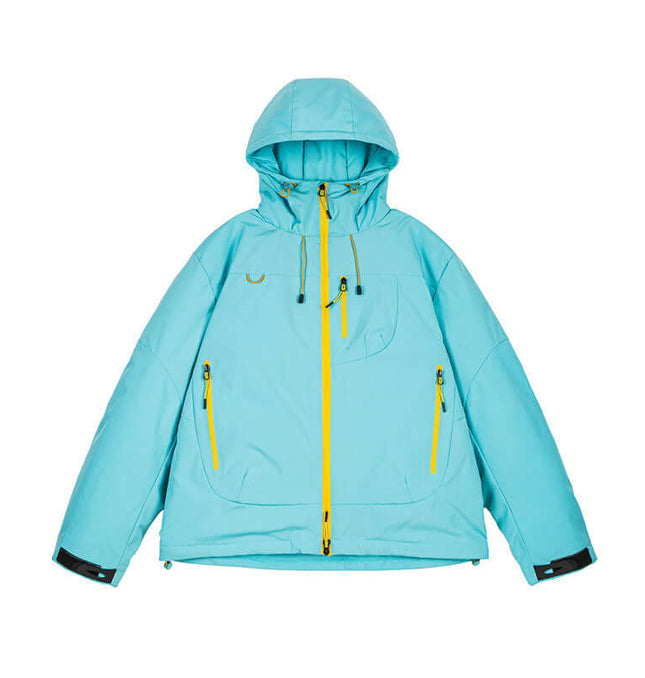 Thick Warm Waterproof Down Jacket in bright blue with yellow zippers and hood, perfect for winter outdoor activities.