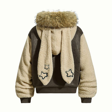 Back view of Patchwork Fleece Rabbit Ear Jacket - Loose Fit with bunny ear hood and fur trim.