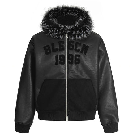Hooded Fur Collar Jacket – Loose Fit with black design and fur trim, featuring bold letter embroidery detail.