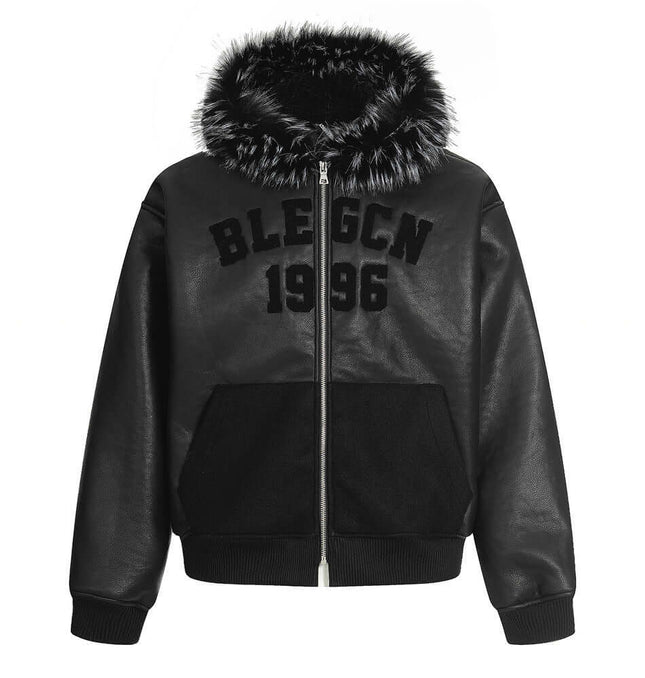 Hooded Fur Collar Jacket – Loose Fit with black design and fur trim, featuring bold letter embroidery detail.