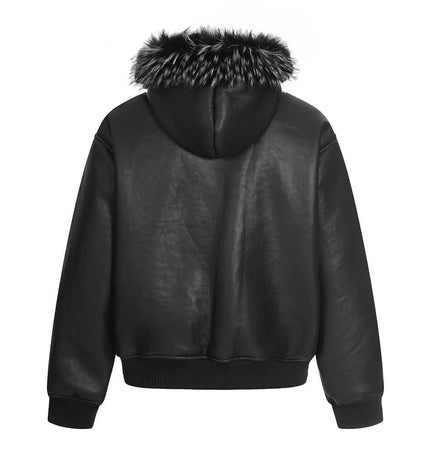 Hooded Fur Collar Jacket – Loose Fit with fur-lined hood and stylish back view in black.