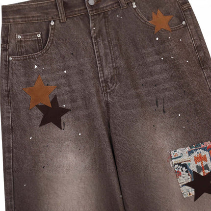 Streetwear Patchwork Denim Pants featuring bold star patches and unique vintage-inspired texture.