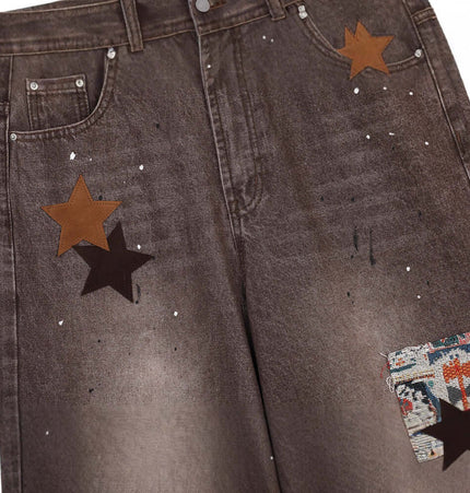 Streetwear Patchwork Denim Pants featuring bold star patches and unique vintage-inspired texture.