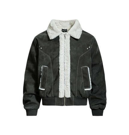 Street Style Cotton Jacket – Loose Fit featuring PU leather paneling and turn-down collar.