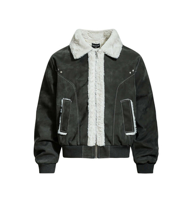 Street Style Cotton Jacket – Loose Fit featuring PU leather paneling and turn-down collar.