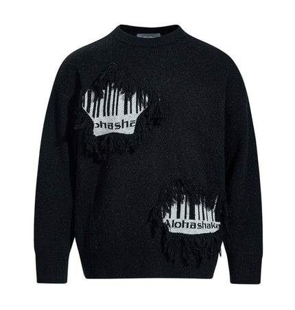 Fringe Patchwork Knit Sweater – Loose Fit featuring bold fringe accents and textured detailing.