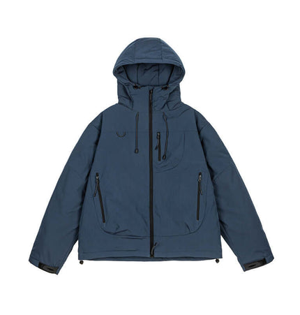 Thick Warm Waterproof Down Jacket displayed in blue color with a hood and multiple zippers for winter protection.