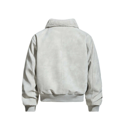 Street Style Cotton Jacket – Loose Fit - Back view showing light grey fabric with turn-down collar and ribbed hem.