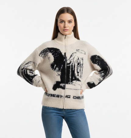 Floral Jacquard Knit Cardigan – Loose Fit