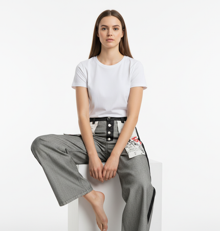 Printed Deconstructed Asymmetrical Jeans