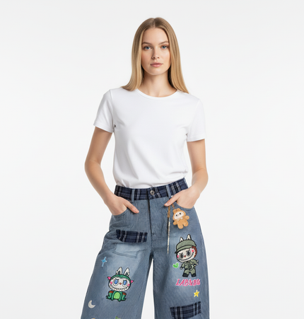 Cartoon Washed Denim Pants - Loose Fit