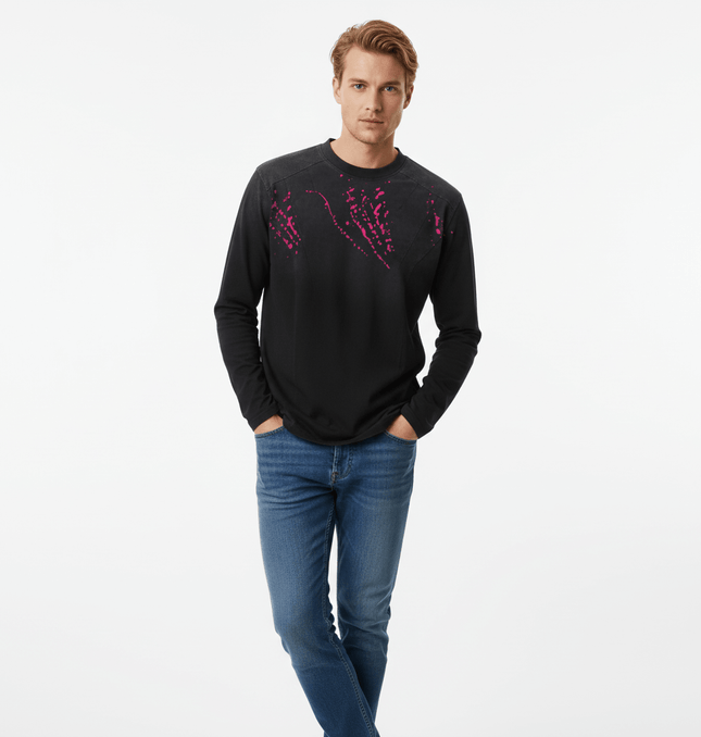 Ripped Gradient Long Sleeve TShirt worn by a model, featuring a distressed design and black color with pink accents.