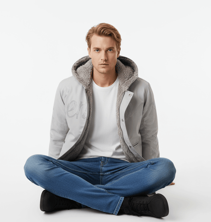 Model wearing the Hawk Embroidered Letter Hooded Coat sitting cross-legged on a white background.