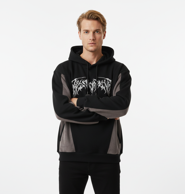 Patchwork High Neck Hoodie – Loose Fit