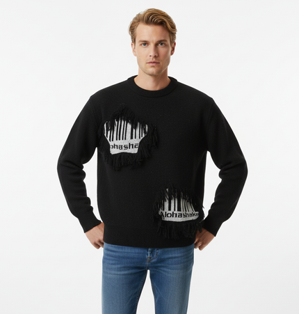 Fringe Patchwork Knit Sweater – Loose Fit