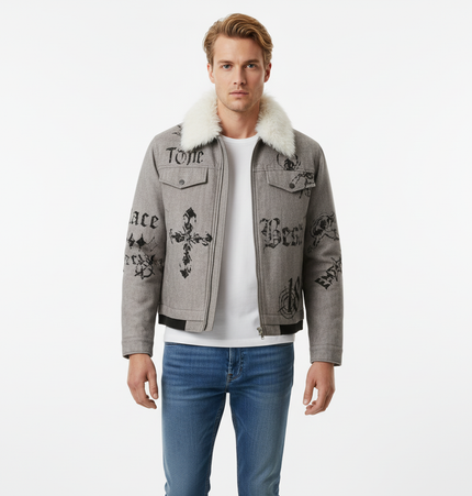 Graffiti Faux Fur Collar Coat – Loose Fit