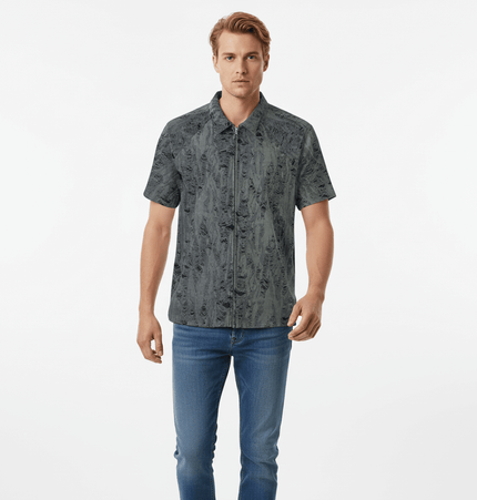 Distressed Short Sleeve Shirt - Loose Fit worn by a man, showcasing modern streetwear style and a comfortable fit.