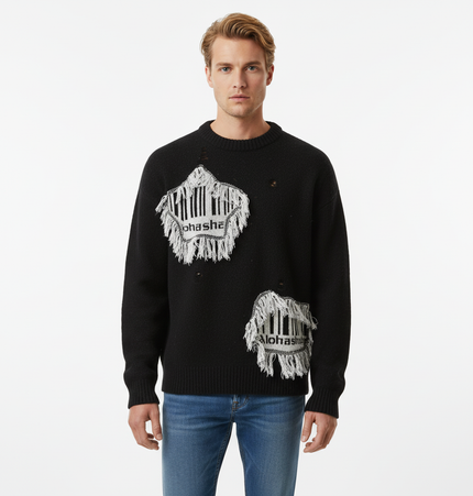 Fringe Patchwork Knit Sweater – Loose Fit