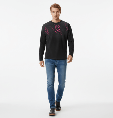Man wearing Ripped Gradient Long Sleeve TShirt with abstract design and jeans, showcasing streetwear style.