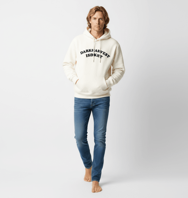 Embroidered Letter Hoodie – Loose Fit worn by a man, featuring bold lettering and a casual style.
