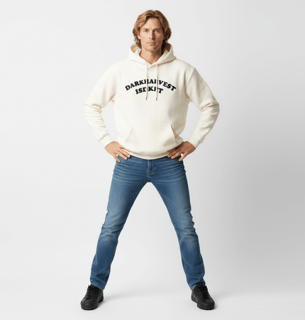 Embroidered Letter Hoodie – Loose Fit worn by a man, featuring a cream color and casual streetwear style.
