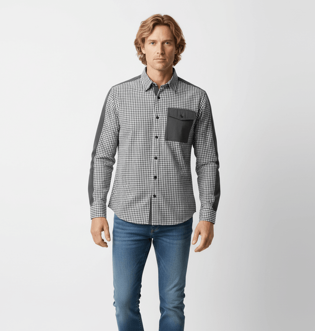 Checkered Patchwork Shirt - Loose Fit on model, featuring black and white checker pattern and casual styling.