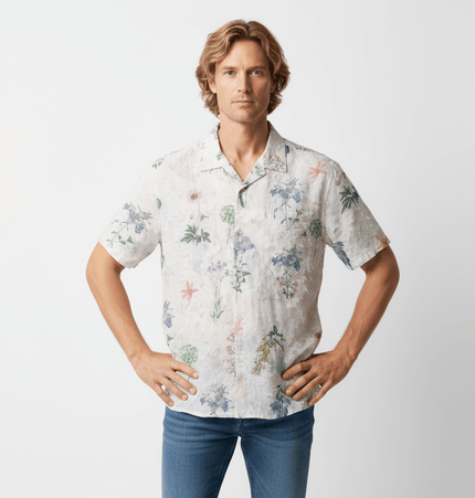Floral Turn-Down Collar Shirt – Loose Fit worn by a man with a confident pose against a neutral background.